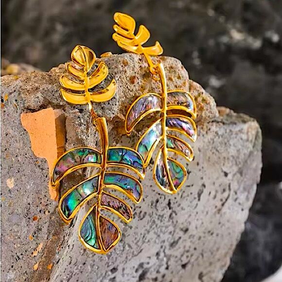 Boho Gold Iridescent Leaf Earrings Stainless Steel Gold Plated - Picture 6 of 11